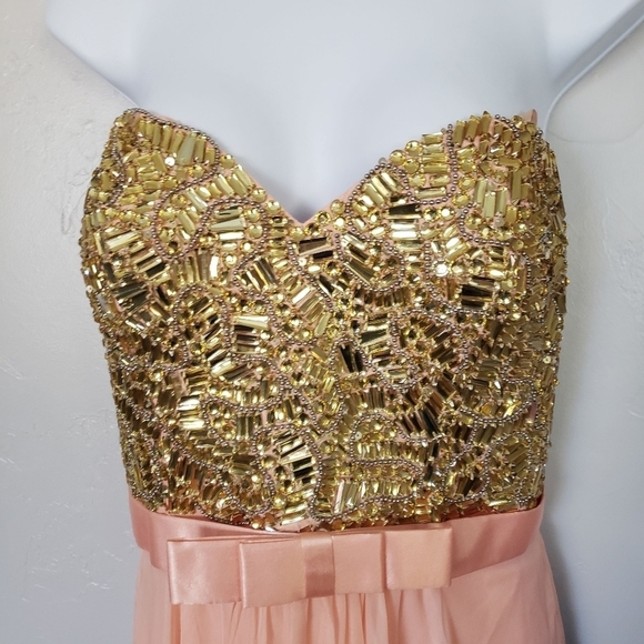 La Femme NWT Peach Apricot Maxi 10 Dress Strapless Tube Top Gold Gem Bust Flawed - Picture 3 of 10